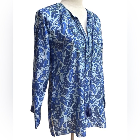 Bella Tu Abby Split- Neck Long Sleeve Tunic With Tassel Ties Beaded Trim… - Picture 2 of 16